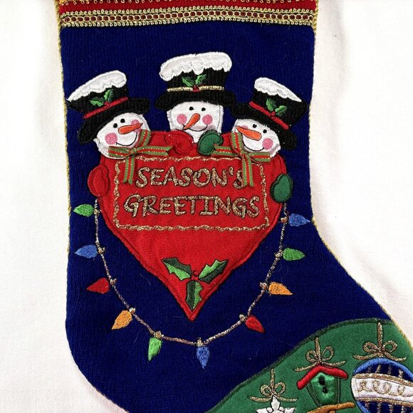 Set Of 3 Knitted Christmas Stockings Embroidered Snowmen and Accents - Picture 4 of 7